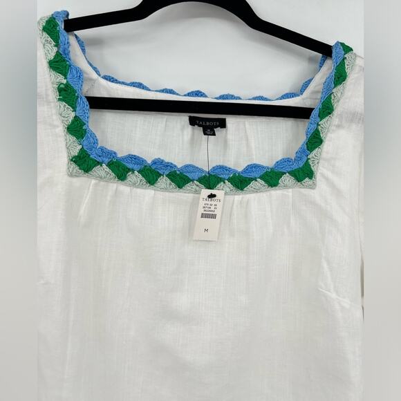 🆕 NWT Talbots Crochet Trim Linen Top Blouse Square Neck Bow Tie Sleeve Medium - Picture 8 of 16